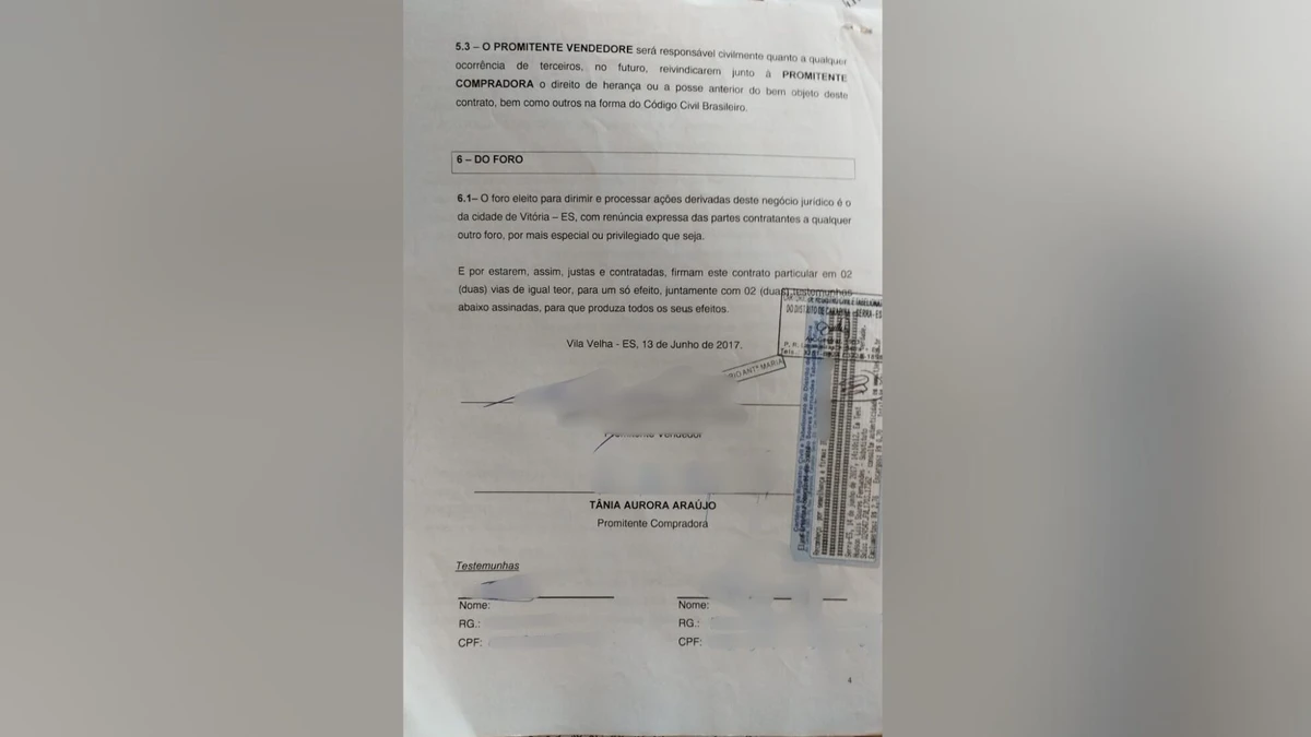 Contrato de compra da Casa Verde apresentado por Tânia